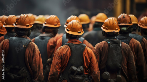 Back view of mine workers wearing helmet
