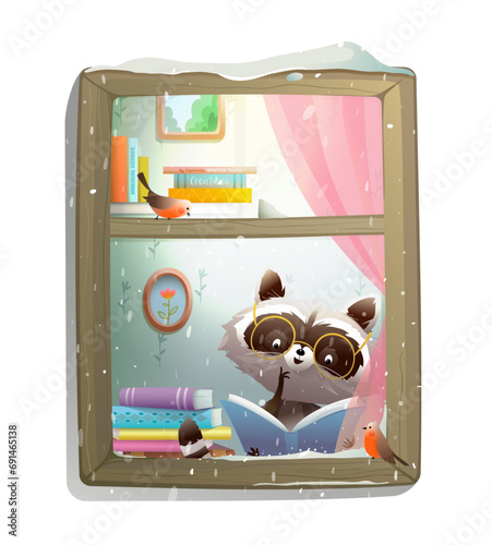 Cute Raccoon Reading Book at Winter Window isolated clipart. Animal cartoon for kids, reading a fairytale or studying animal. Storytelling book for children. Vector illustration in watercolor style.