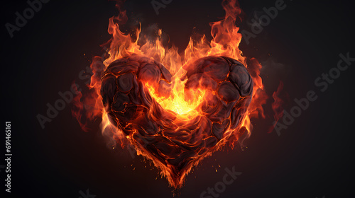 Fire flame heart shape isolated on black background