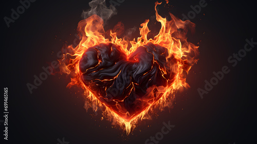 Fire flame heart shape isolated on black background