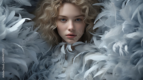 A striking portrait of a fashionable girl with flowing blonde hair and piercing blue eyes, adorned with a delicate scarf and surrounded by ethereal feathers photo