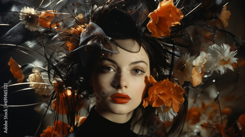 A captivating portrait of a woman adorned with a delicate rose in her hair, exuding an ethereal aura of fashion and art