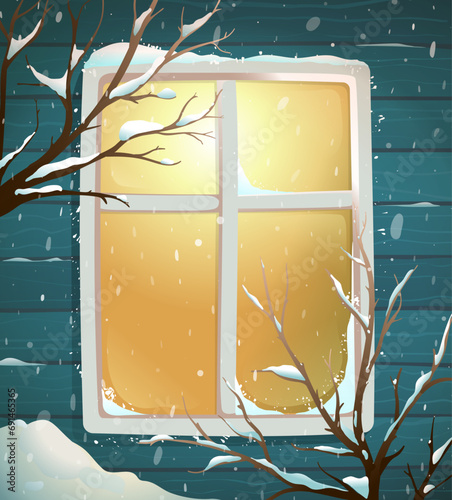 Wooden plank wall and empty winter snowy window with light. Wintertime illustration for children, frozen window. Vector background Illustration for Christmas or New Year in watercolor style for kids.