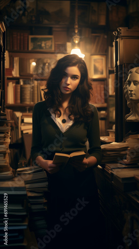 Jeune femme dans une boutique de livres anciens levant les yeux devant elle, ambiance dark academia photo