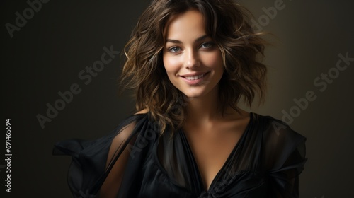 A stunning fashion model with a contagious smile poses in front of a wall, her long brown hair cascading down her layered hairstyle, highlighting her defined features and expressive dark eyebrows