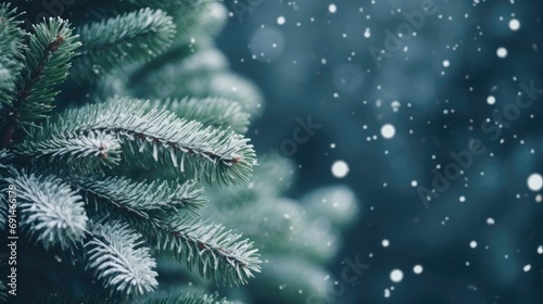 Snowy Christmas tree on a winter background with copyspace close-up