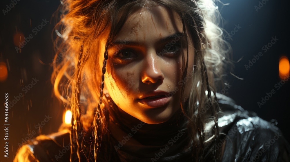 A mesmerizing portrait of a woman with wet hair and a scarf, her human face illuminated by the flickering fire in the dark of night, exuding a sense of mystery and allure