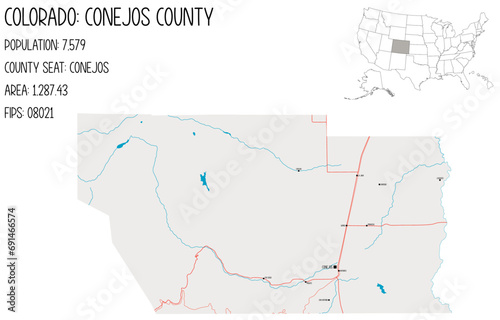 Large and detailed map of Conejos County in Colorado, USA.