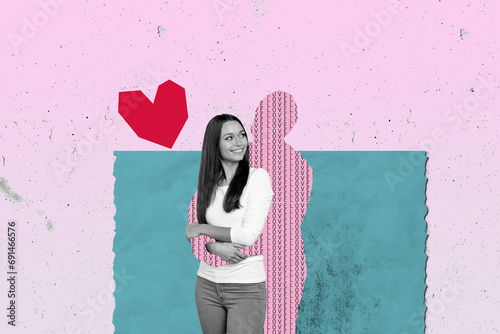 Artwork collage image of painted imagine boyfriend hug peaceful black white effect girl heart symbol isolated on creative background