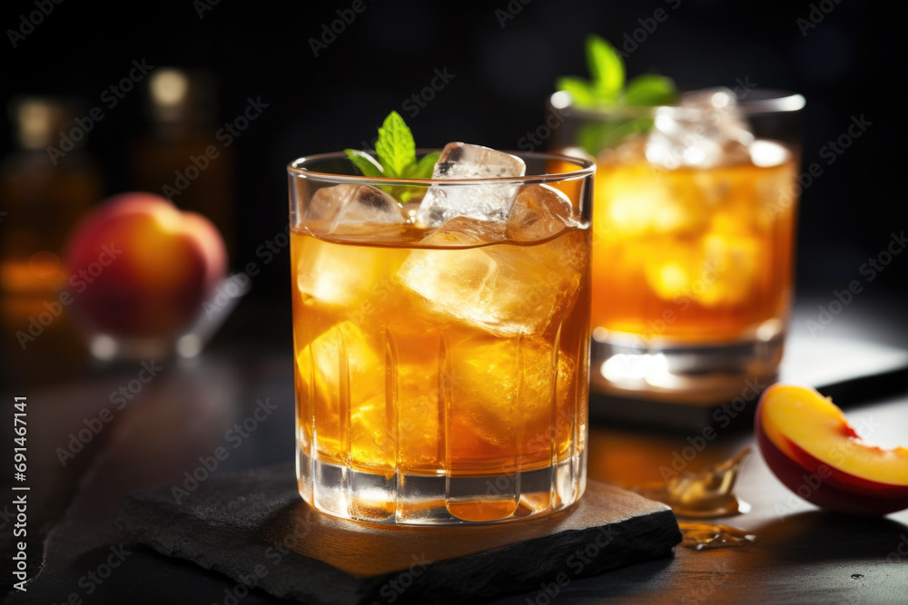 Refreshing Peach Bourbon Smash Cocktail with ice cubes, and mint in glass Refreshing Peach Bourbon Smash Cocktail with ice cubes, and mint in glass