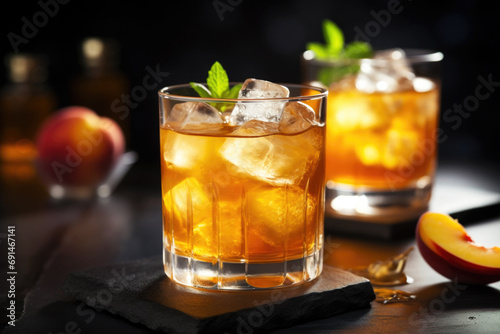 Refreshing Peach Bourbon Smash Cocktail with ice cubes, and mint in glass photo