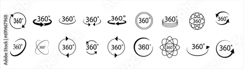 360 degree views of vector circle icons set isolated from the background. Signs with arrows to indicate the rotation or panoramas to 360 degrees. Vector illustration.