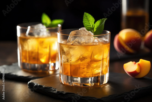 Refreshing Peach Bourbon Smash Cocktail with ice cubes, and mint in glass