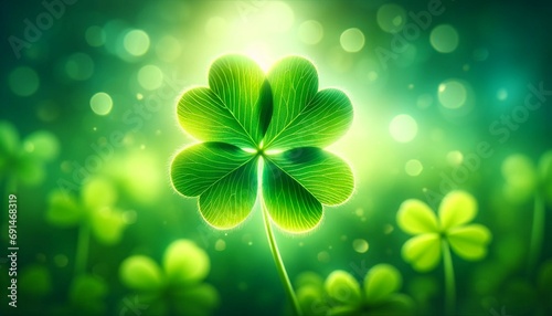 Single clear four leaf clover, blurred four leaf clover background.