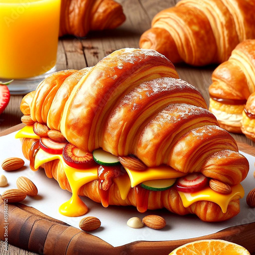 Croissant with sausage cheese and herbs. on wood  table