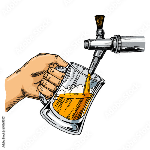 Man pours beer into glass from beer tap engraving sketch style hand drawn color vector illustration. Scratch board style imitation. Hand drawn image.