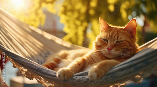 A cute cat as it luxuriously relaxes in a hammock on a sunny summer day