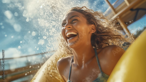 A happy woman riding on the water slide in the waterpark