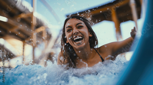 A happy woman riding on the water slide in the waterpark photo