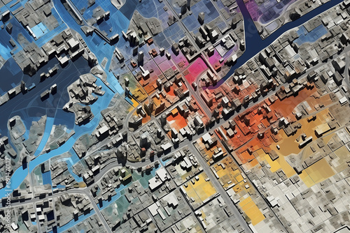 Digital elevation model. GIS product made after proccesing aerial pictures taken from a drone. It shows city urban area with roads and suburbs