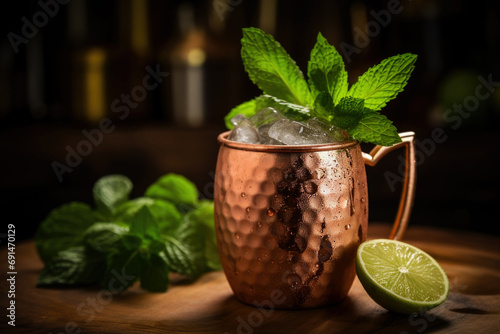 Classic Tequila Mule cocktail with green lime, mint and ice in a copper mug on a table close up