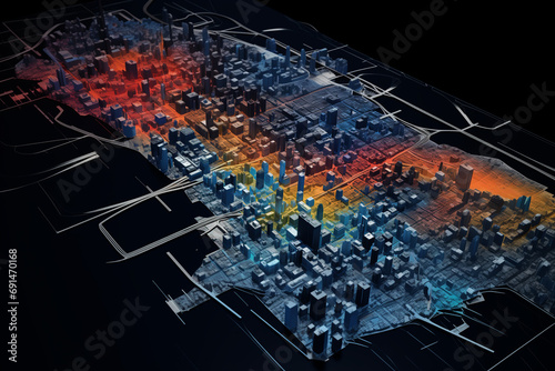 Digital elevation model. GIS product made after proccesing aerial pictures taken from a drone. It shows city urban area with roads and suburbs photo