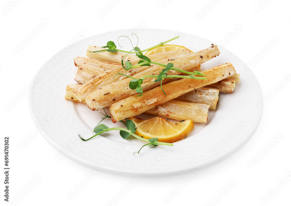 Plate with baked salsify roots and lemon isolated on white