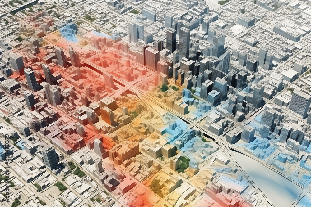 Digital elevation model. GIS product made after proccesing aerial pictures taken from a drone. It shows city urban area with roads and suburbs