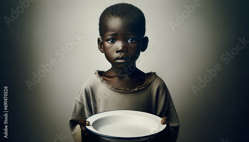Malnourished Child Holding Empty Plate in Developing Country photo