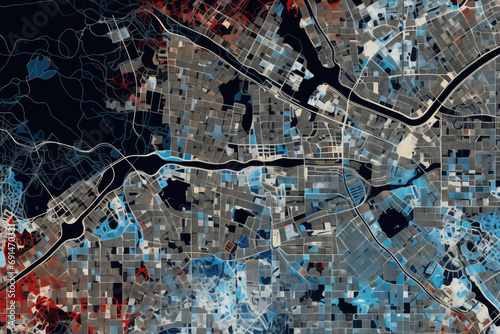 Digital elevation model. GIS product made after proccesing aerial pictures taken from a drone. It shows city urban area with roads and suburbs