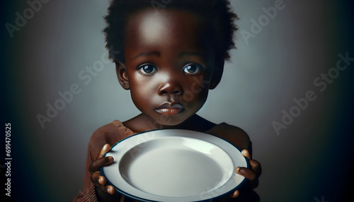 Malnourished Child Holding Empty Plate in Developing Country photo