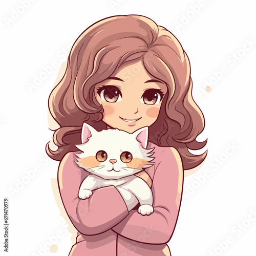 cute owners hugging cats flat vector illustration. cute owners hugging cats hand drawing isolated vector illustration