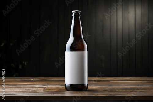 Glass brown bottle with white label for beer, beer maker mockup. photo