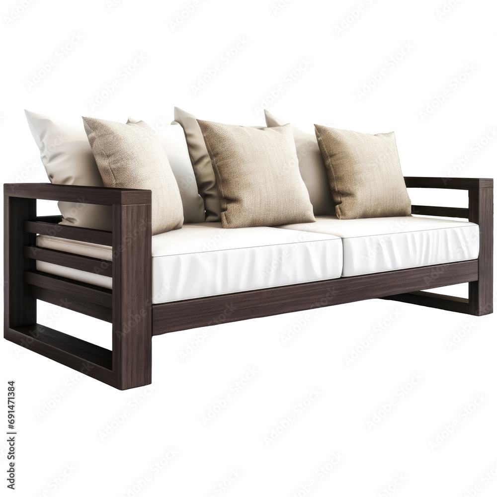 Fototapeta premium Garden sofa made of dark brown wood with light beige square pillows, isolated on transparent background