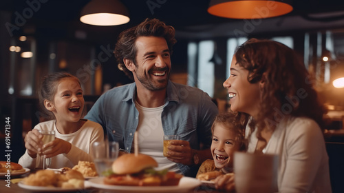 Happy family eating cheese burger in the restaurant photo