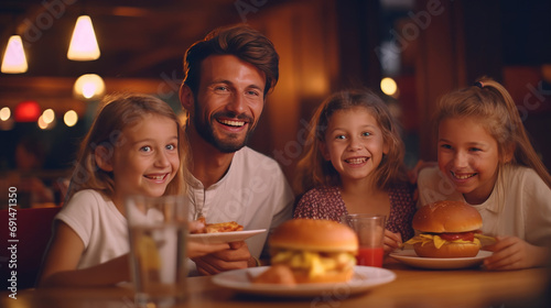 Happy family eating cheese burger in the restaurant