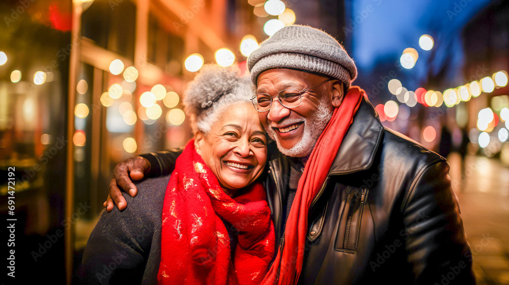 Senior Couple Sharing a Warm Embrace on City Night