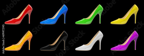 Elegant women s high-heeled shoes. Patent leather. Red  yellow  blue  orange  green  white  black colors. Isolated on black background