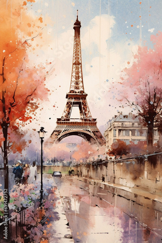 Abstract Illustration of Paris, Eifeltower, Arc de Triomphe, Louvre, Saine