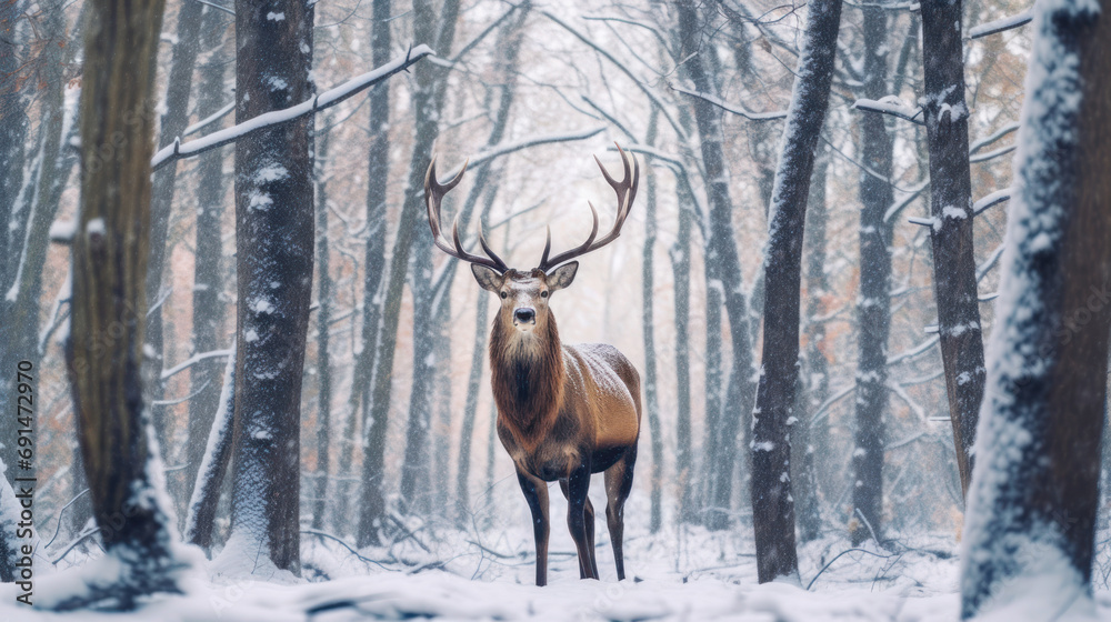 Fototapeta premium Enchanted Elk: Snowy Woods Renaissance