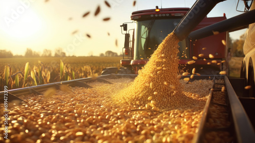 A harvester pouring freshly harvested corn maize seeds or soybeans into a container trailer during the morning sunshine photo