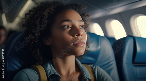 A young female traveler, comfortably seated inside the plane