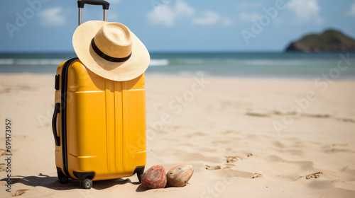 Yellow luggage with hat and red flip flop on sandy beach photo