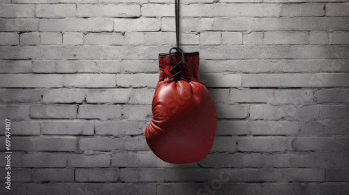 Hanging red boxing glove on a white brick wall background.