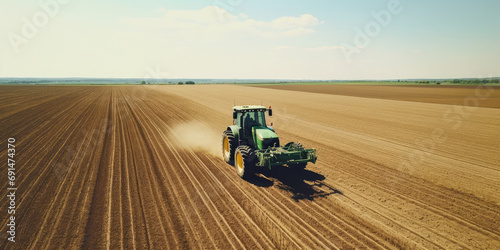 Agricultural landscape with a tractor at work in the field, cultivating soil and preparing for harvest. photo