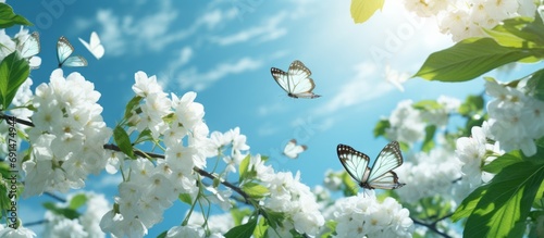 Beautiful butterflies gracefully float on white flowers, amidst lush green nature, under a bright sunlit sky © ND STOCK