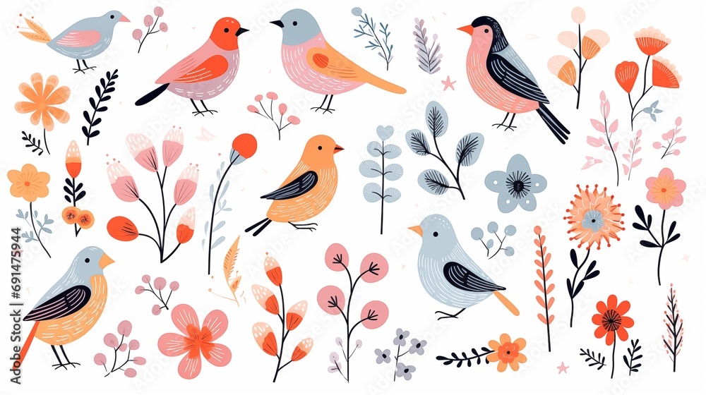 A Bunch of Birds and Flowers on a White Background A Bunch of Birds and Flowers on a White Background