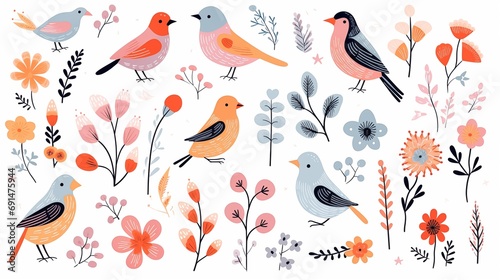 A Bunch of Birds and Flowers on a White Background