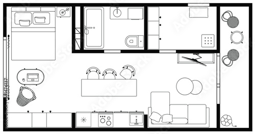 Apartment floor plan. Architecture micro studio plan of condominium, flat, house. Interior design of kitchen, living room, bedroom and bathroom. Furniture elements set. 2D top view
room layout. Vector