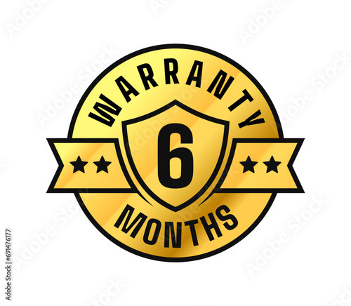 6 months warranty. Shield, stars, ribbon circle gold label. For icon, logo, seal, tag, sign, symbol, badge, stamp, sticker, etc. Vector